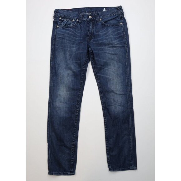 True Religion Mens 36x34 Distressed Thick Stitch Skinny Leg Denim Jeans Blue